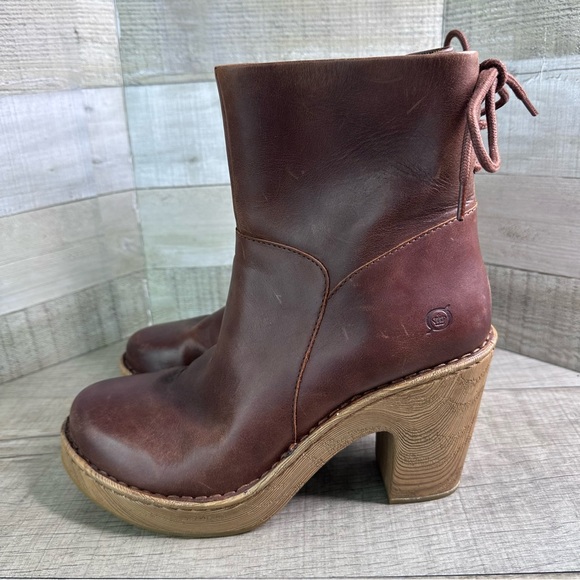 Born Capella brown leather platform lace-up mid calf heeled boots size 9.5 - Picture 1 of 13